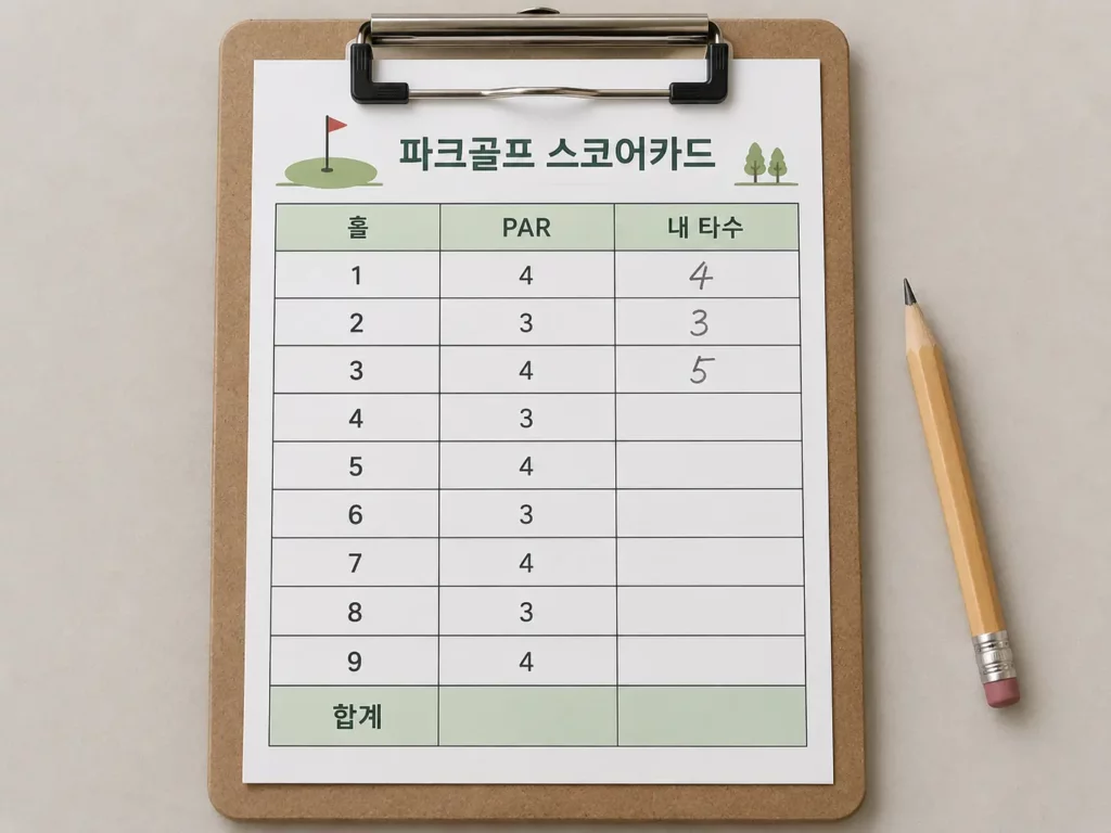 파크골프 스코어카드 홀별 타수 기록 예시