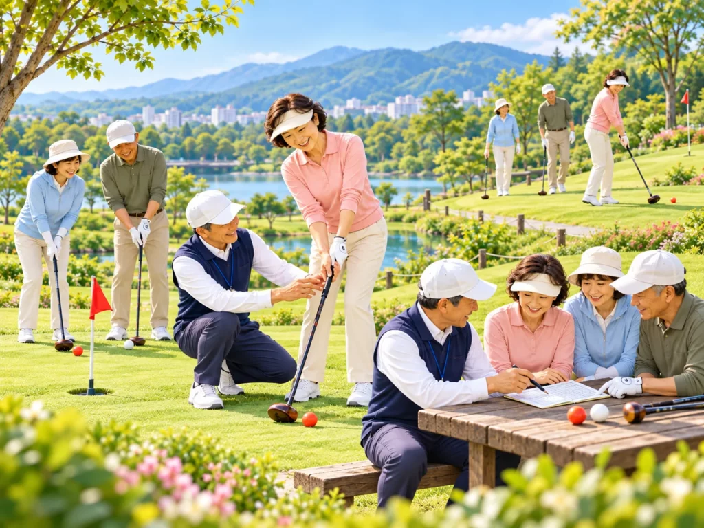 파크골프 초보 수업에서 자세와 스코어카드, 필드 실습을 배우는 모습