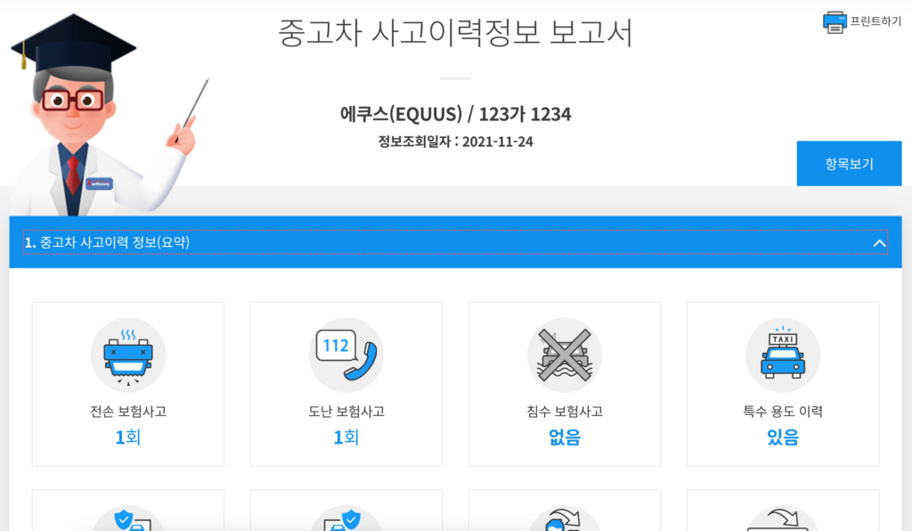 카히스토리 사고이력정보 보고서 화면