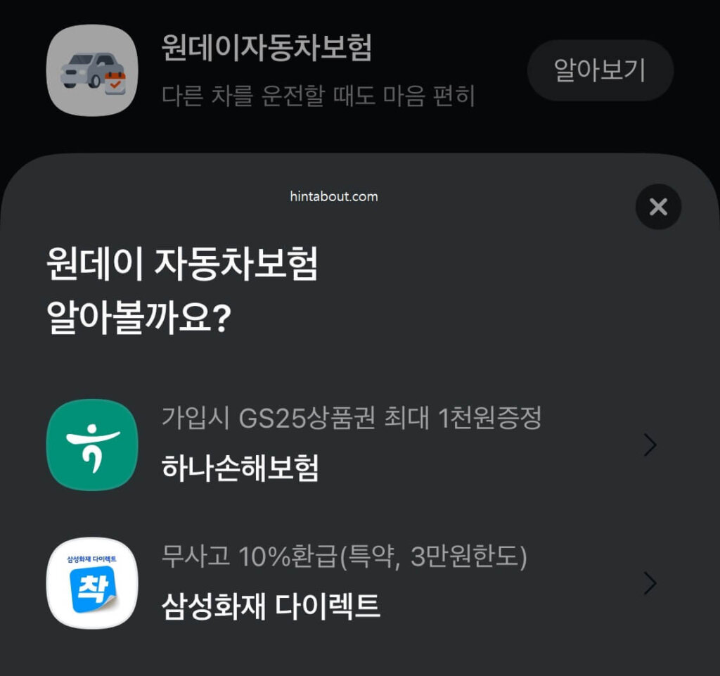 카카오 하루 자동차보험 가입 화면