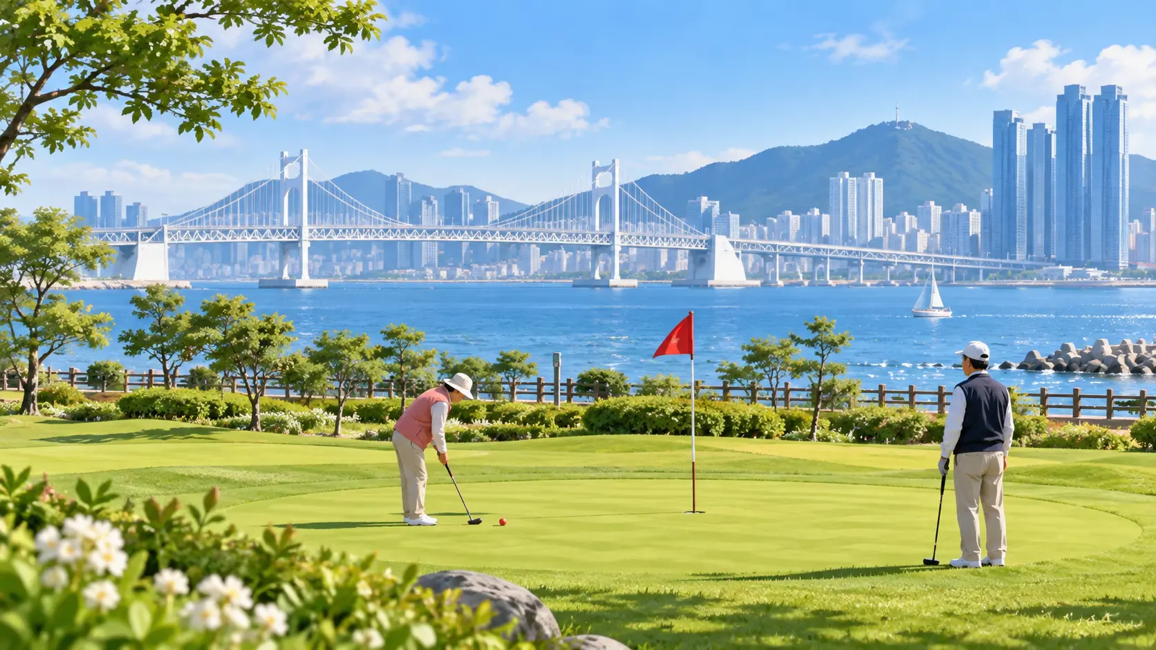 부산 광안대교를 배경으로 파크골프를 즐기는 사람들 대표 이미지