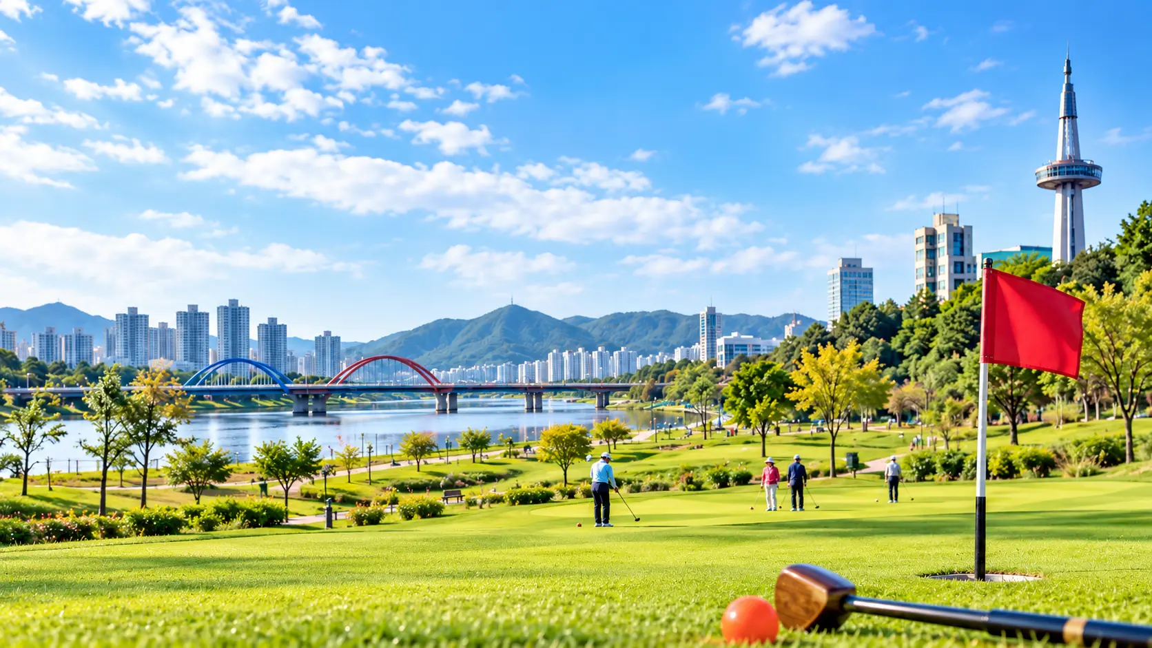 대전 한빛탑을 배경으로 파크골프를 즐기는 사람들 대표 이미지