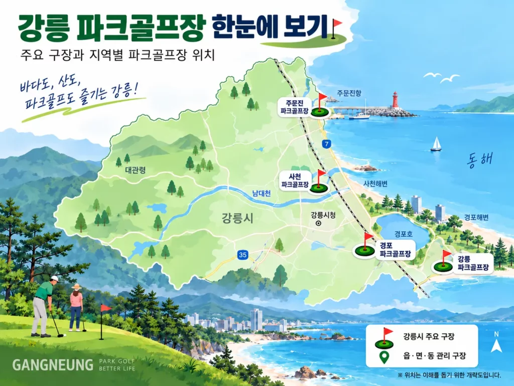 강릉 주요 파크골프장 및 지역별 위치 지도