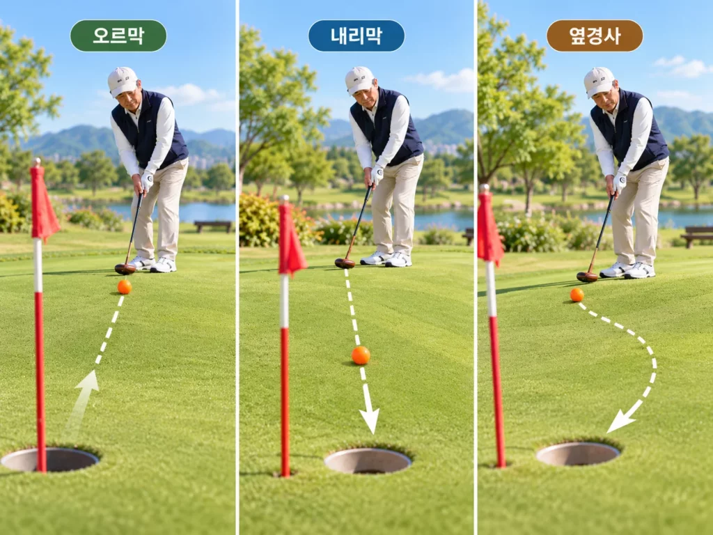 파크골프 오르막과 내리막, 옆경사에서 공의 진행 방향을 비교한 그림